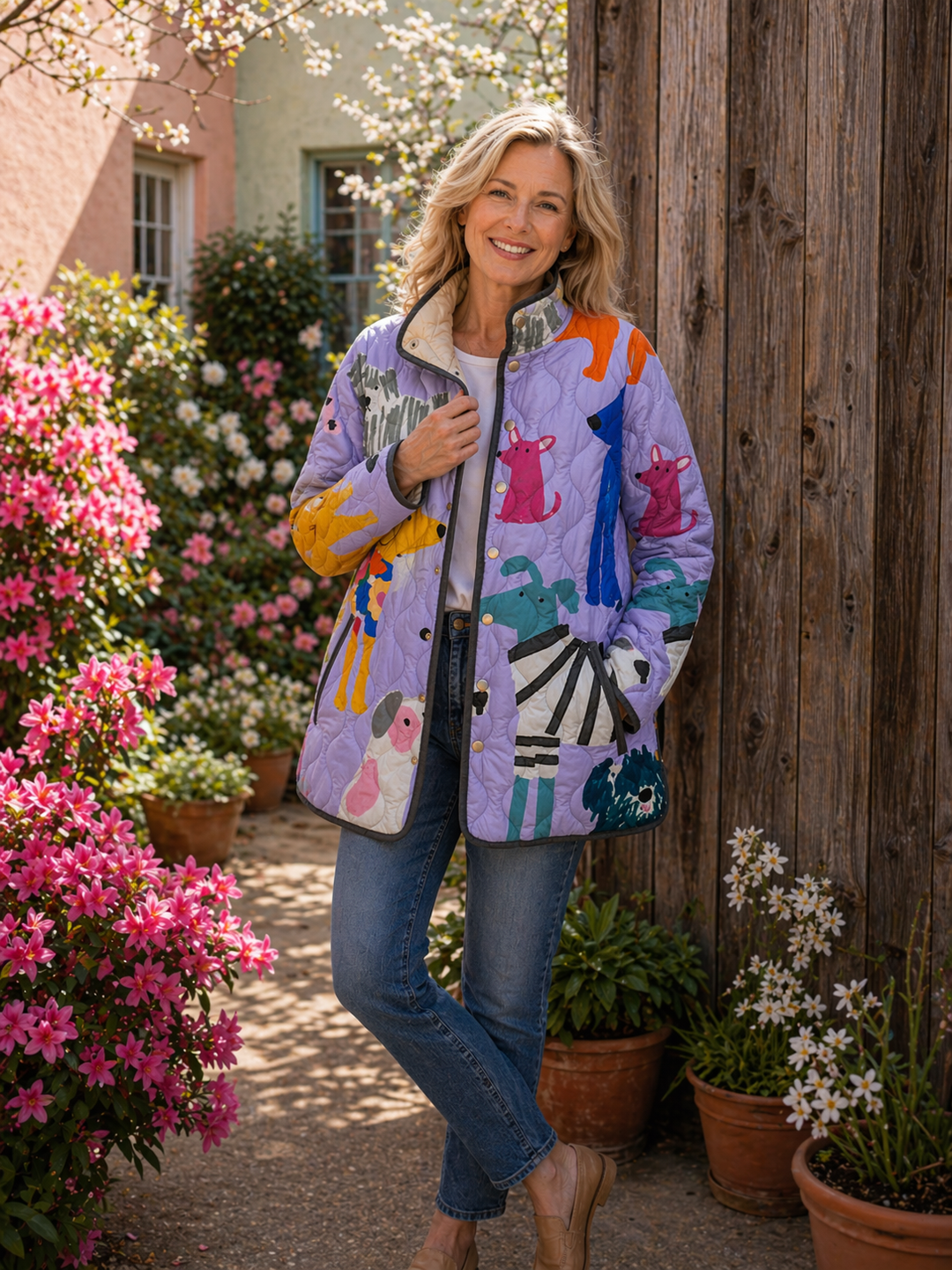 Rhea | Casual Quilted Jacket with Dog Print
