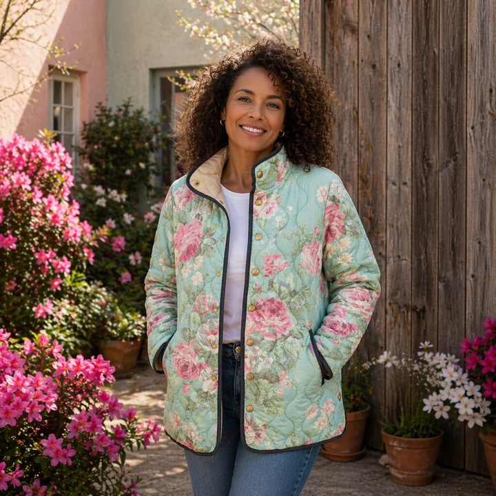 Carys | Retro Floral Patterned Quilted Jacket