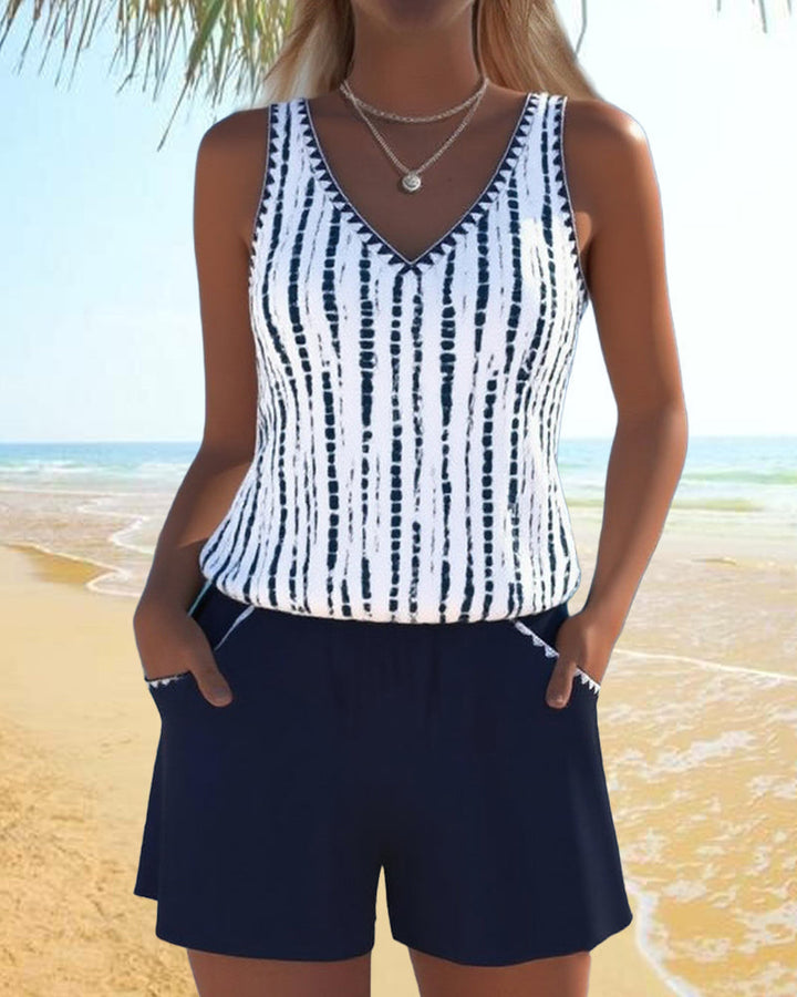 Mia™ | Casual Two Piece Printed V-Neck Swimsuit with Pockets
