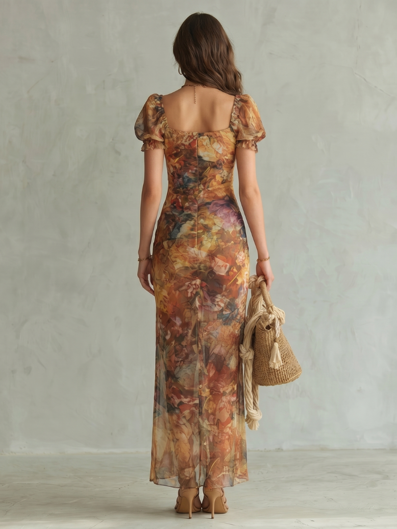 Ciel™ Ruffled Sleeve Ruched Slit Midi Dress