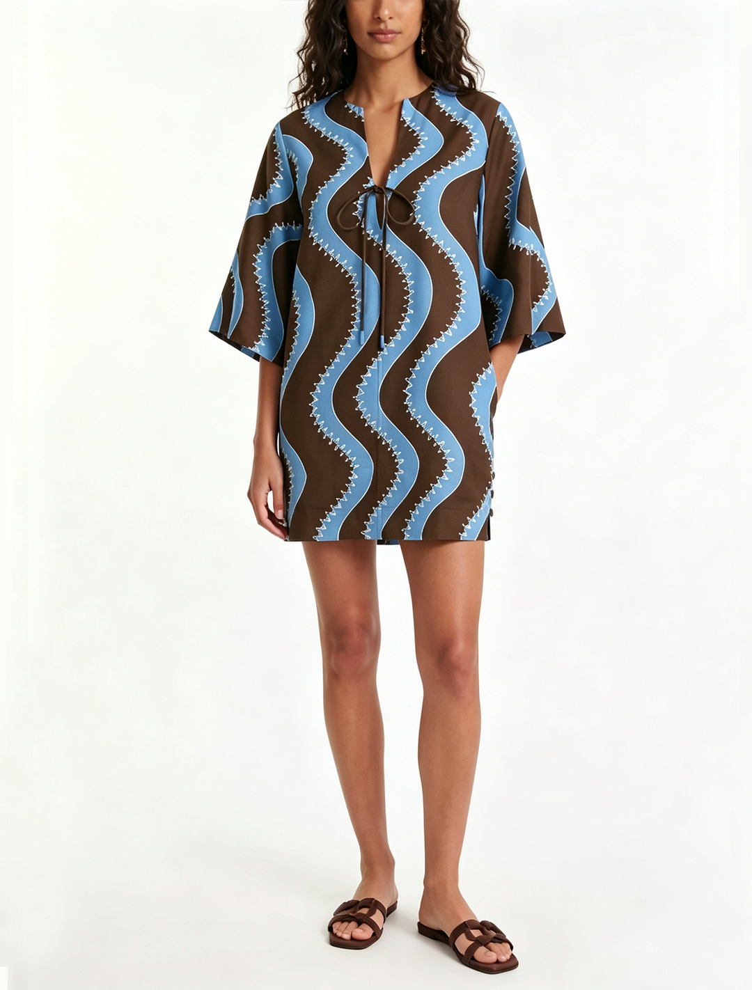 Brown Color Block V Neck Loose Mini Dress