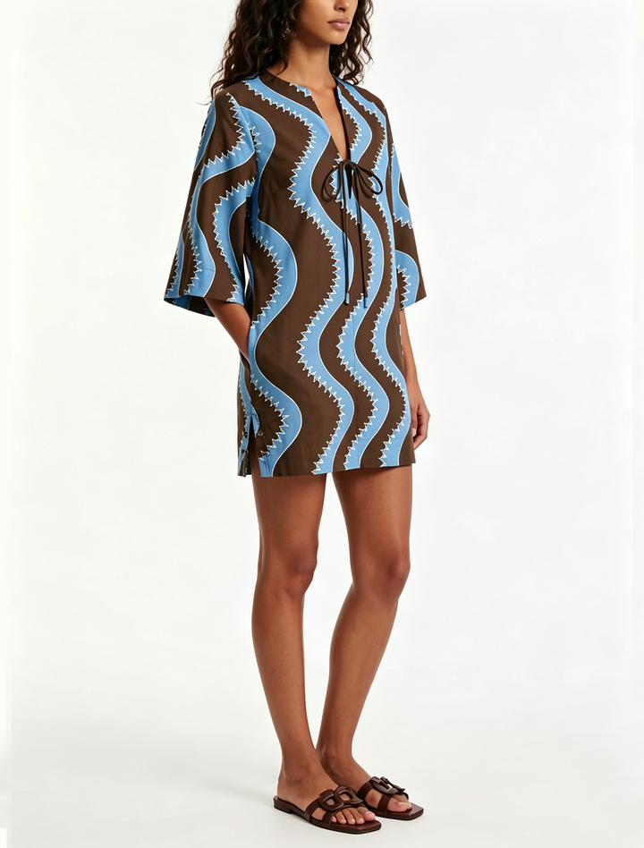 Brown Color Block V Neck Loose Mini Dress