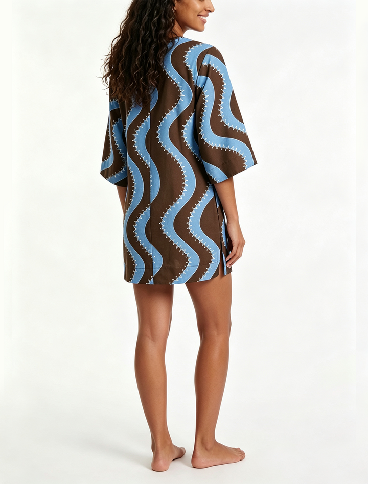 Brown Color Block V Neck Loose Mini Dress