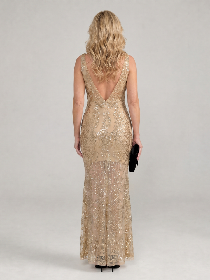 Sirea™ Sequin Sleeveless Sheer Panel Midi Dress