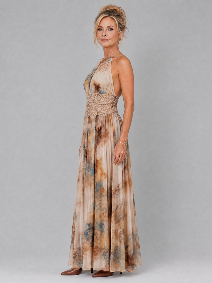 Elavenue™ Halter Neck Lace Waist Maxi Dress