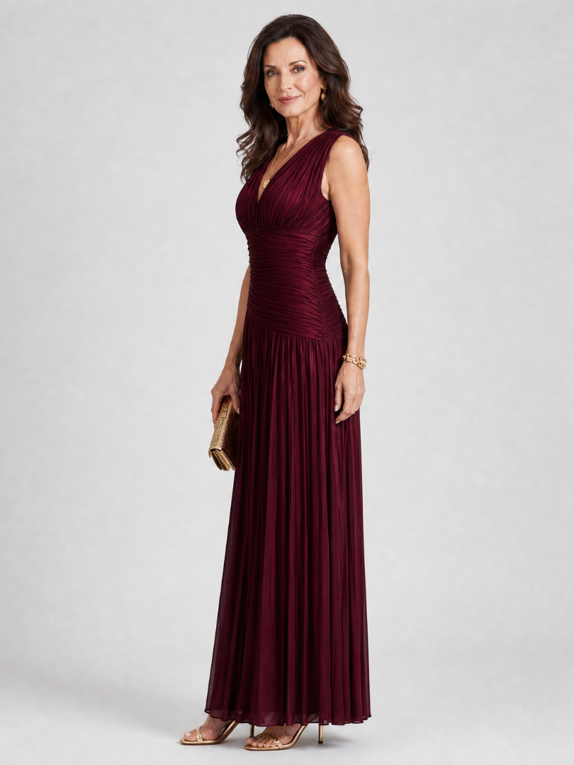 Lemar™ Sleeveless Pleated V Neck Midi Dress