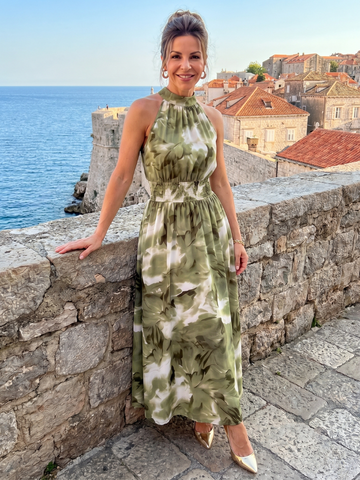 Olivia™ Gathered Waist Abstract Print Midi Dress