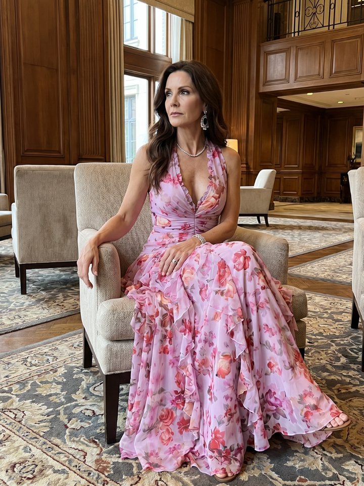 Nori™ Halter Neck Ruched Bodice Floral Maxi Dress