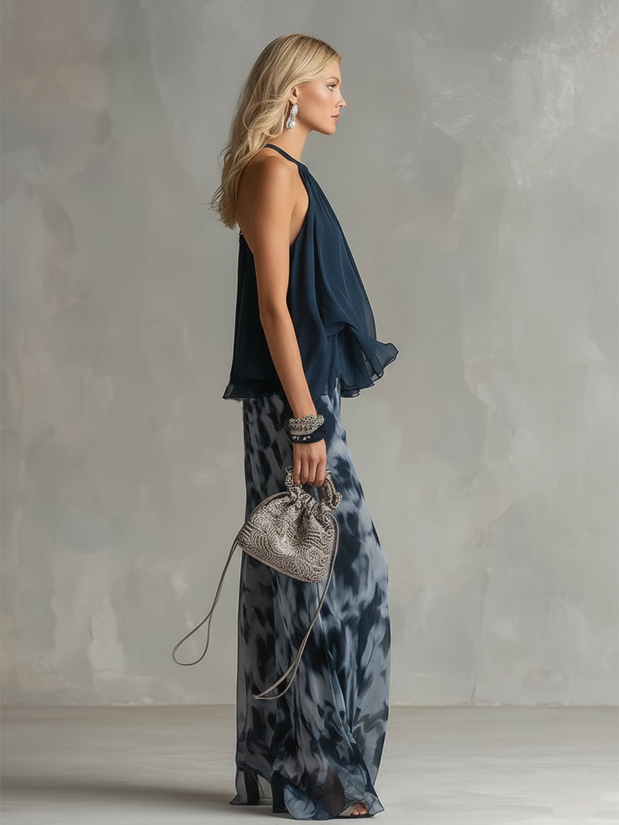 Ludovica | Stylish Navy Halter Top and Wide-Leg Printed Set