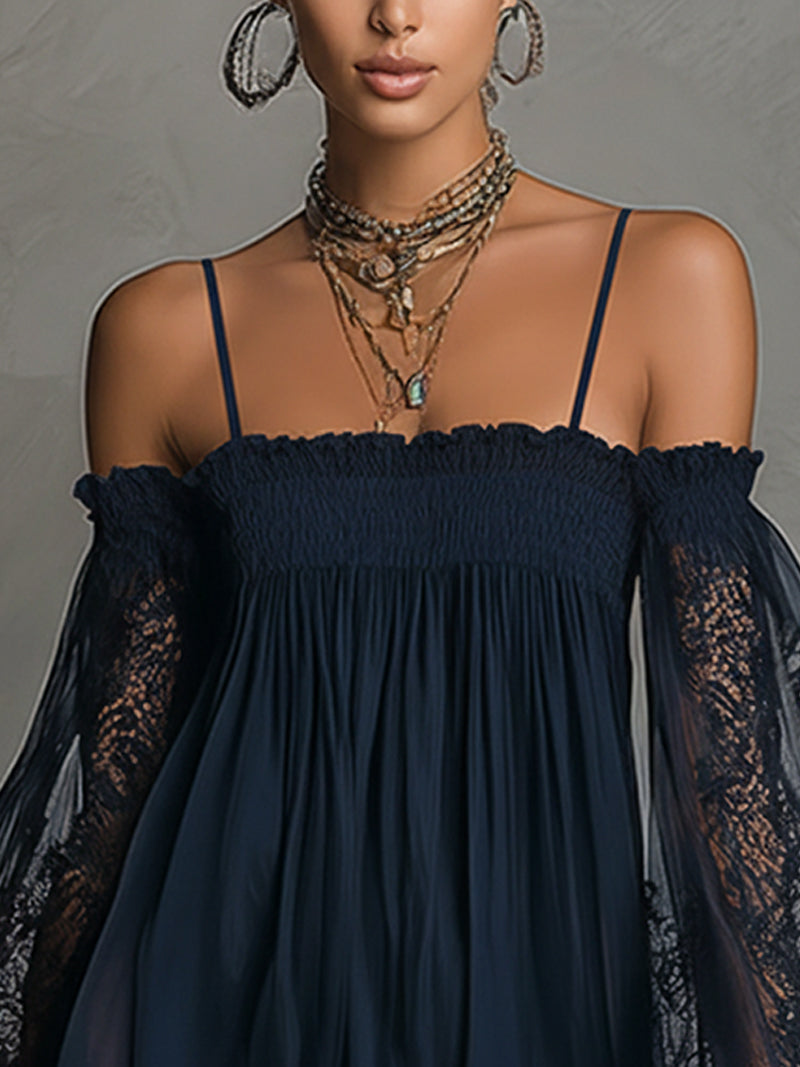 Noemi | Mini dress in navy blue chiffon with off-the-shoulder neckline, lace trim, and sheer sleeves