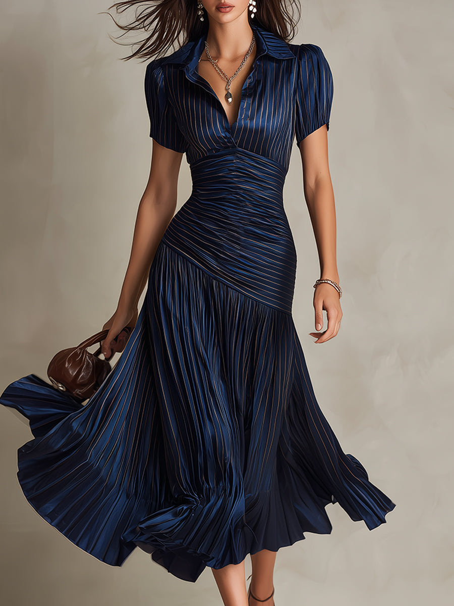 Adriana - Retro Striped Satin Midi Dress