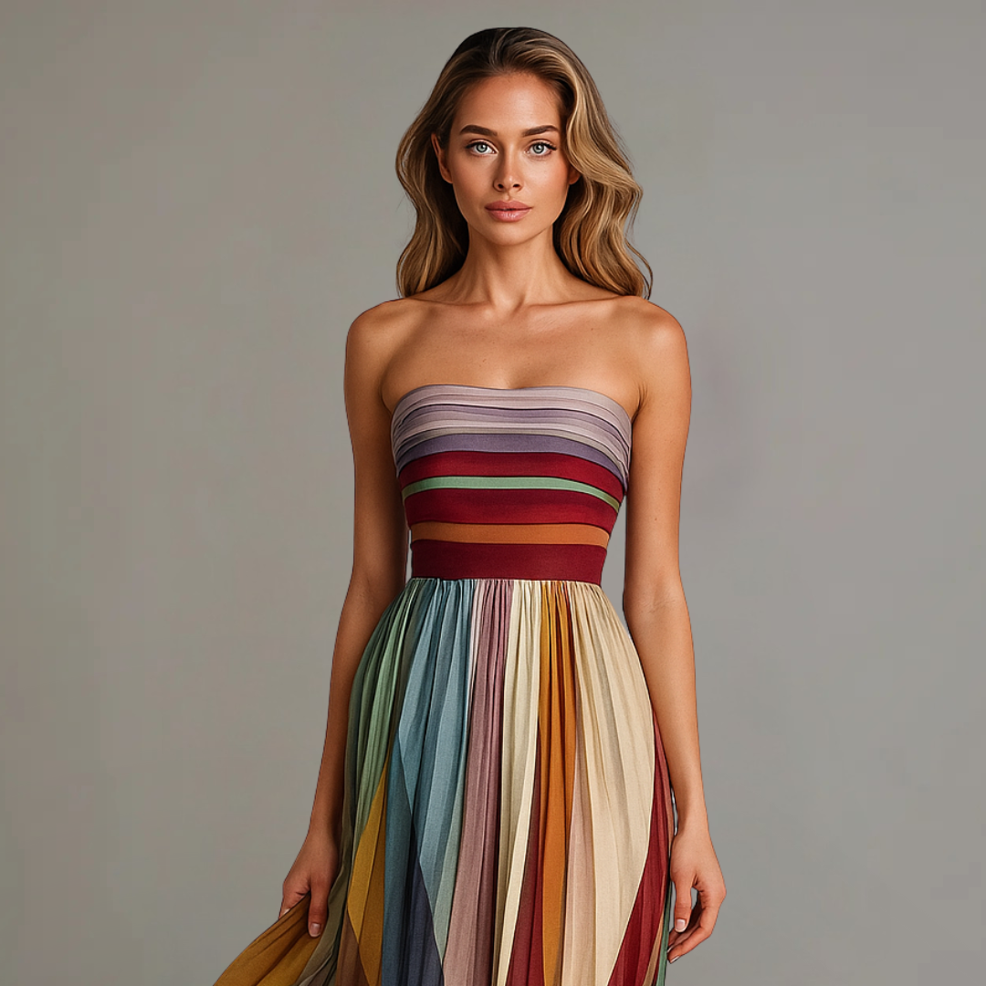 Judith™ | Women's Strapless Colorful Pleated Summer Maxi Dress Strapless 2