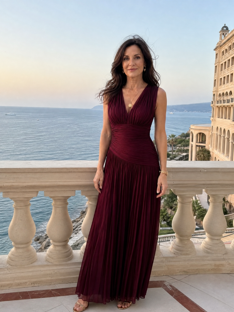 Lemar™ Sleeveless Pleated V Neck Midi Dress