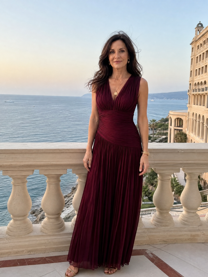 Lemar™ Sleeveless Pleated V Neck Midi Dress