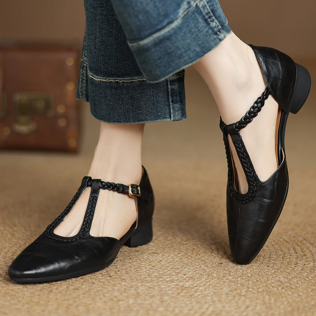 Margot | Women's Leather T-Strap Mary Jane Flats Pointed Toe Flat