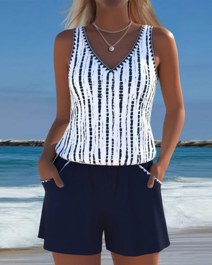 Mia™ | Casual Two Piece Printed V-Neck Swimsuit with Pockets
