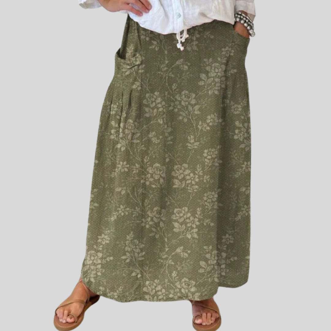 Women's Vintage Floral Linen Elastic waistband Pocket Skirt