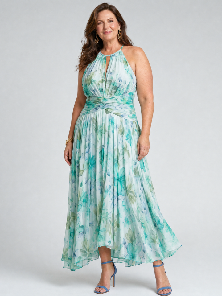 Portia™ Pleated Halter Soft Floral Pattern Midi Dress