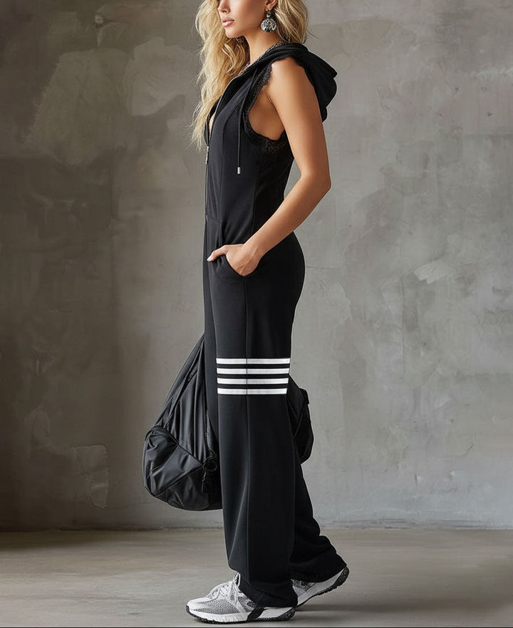 Giada - Retro Sports Jumpsuit with Hood and Stripes
