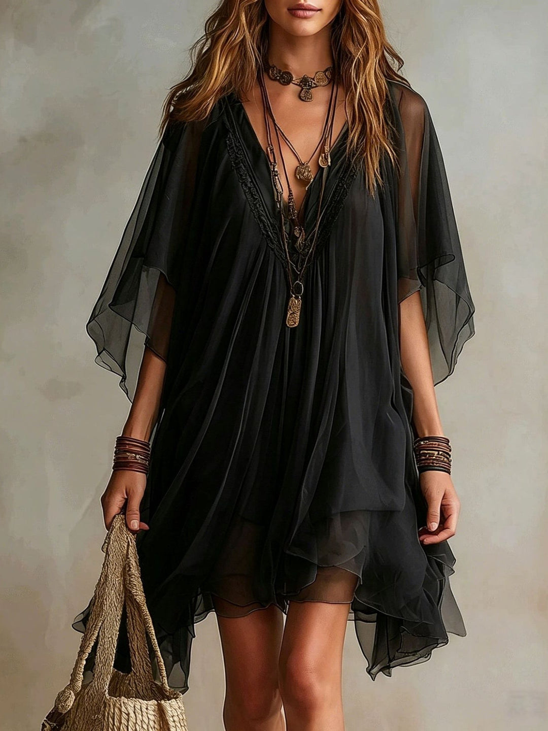 Green V-neck Layered Flowy Mini Dress