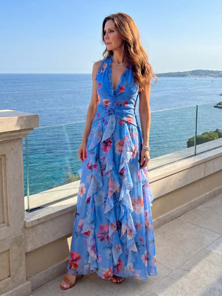 Nori™ Halter Neck Ruched Bodice Floral Maxi Dress