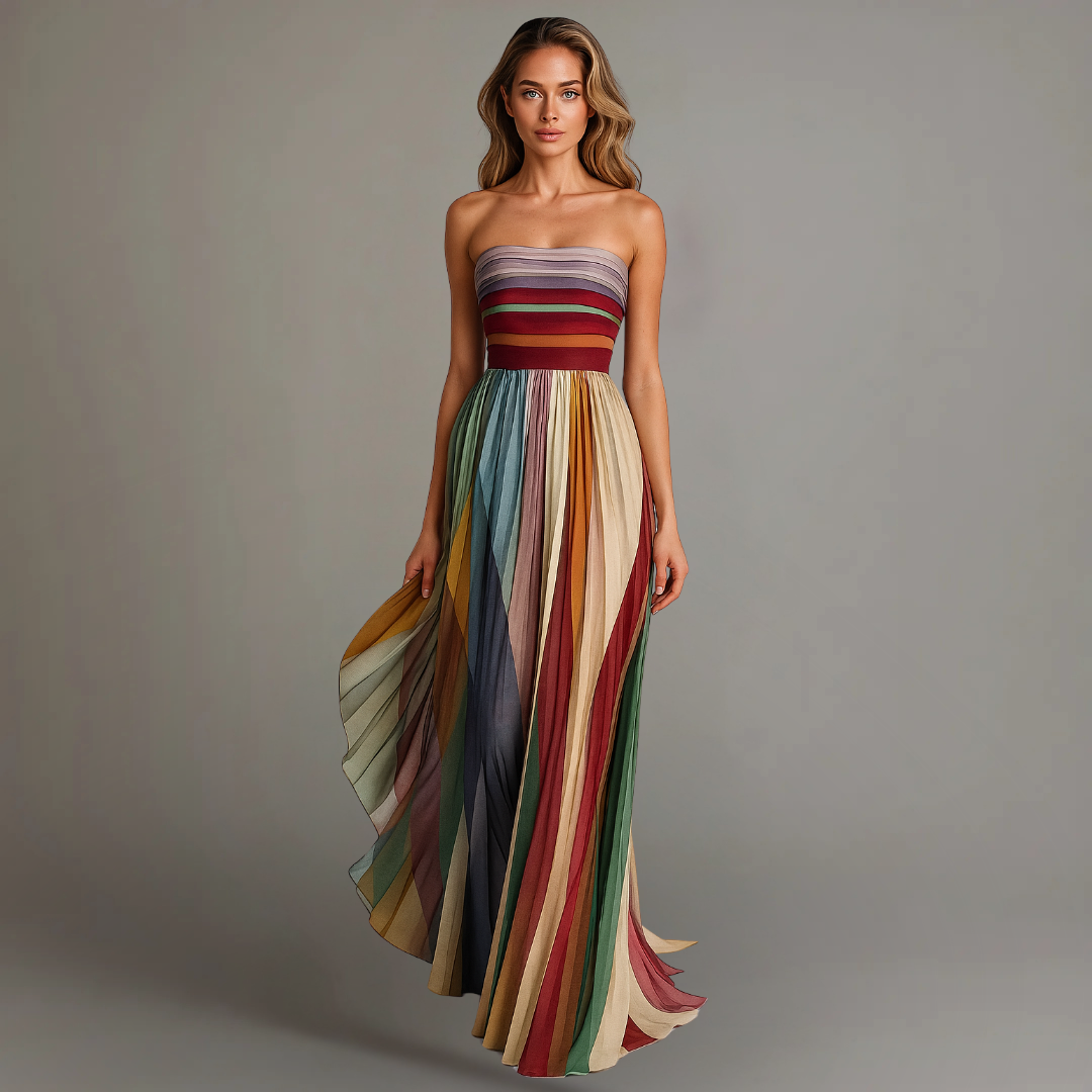 Judith™ | Women's Strapless Colorful Pleated Summer Maxi Dress Strapless 2