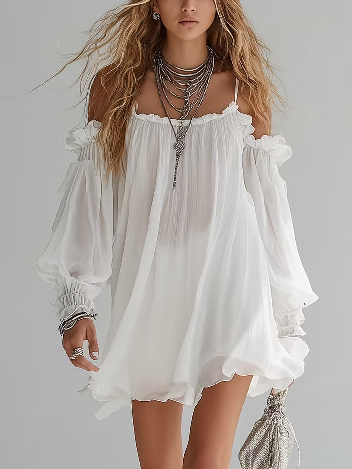 Flowing Bohemian Style Off The Shoulder Mini Dress