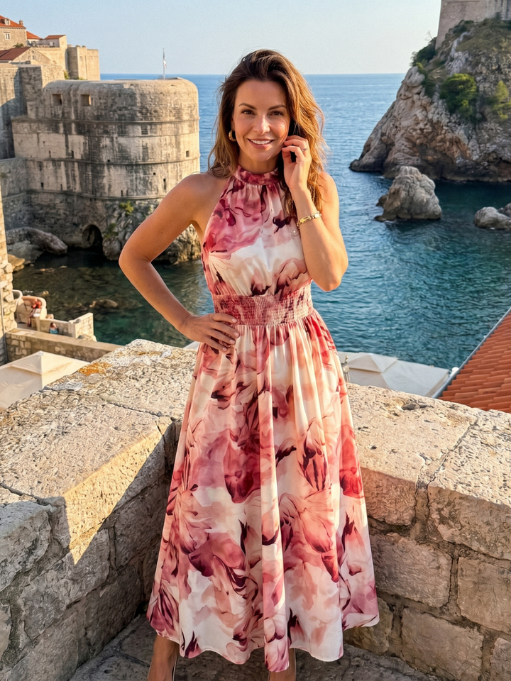 Olivia™ Gathered Waist Abstract Print Midi Dress