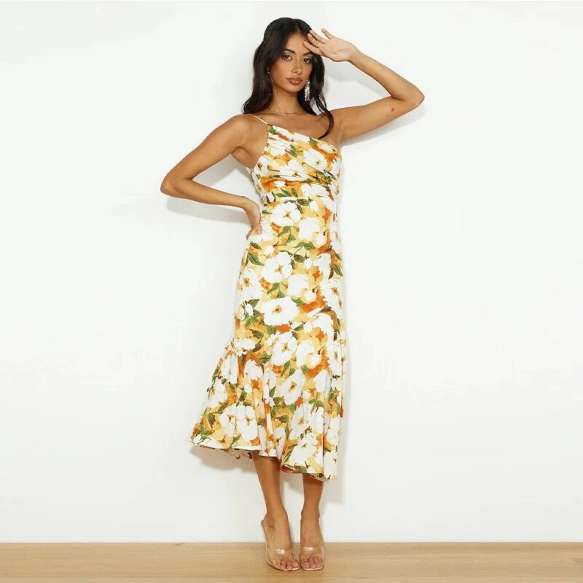 Kathy™ | Women’s Maxi Dress with Asymmetrical Cut and Floral Pattern