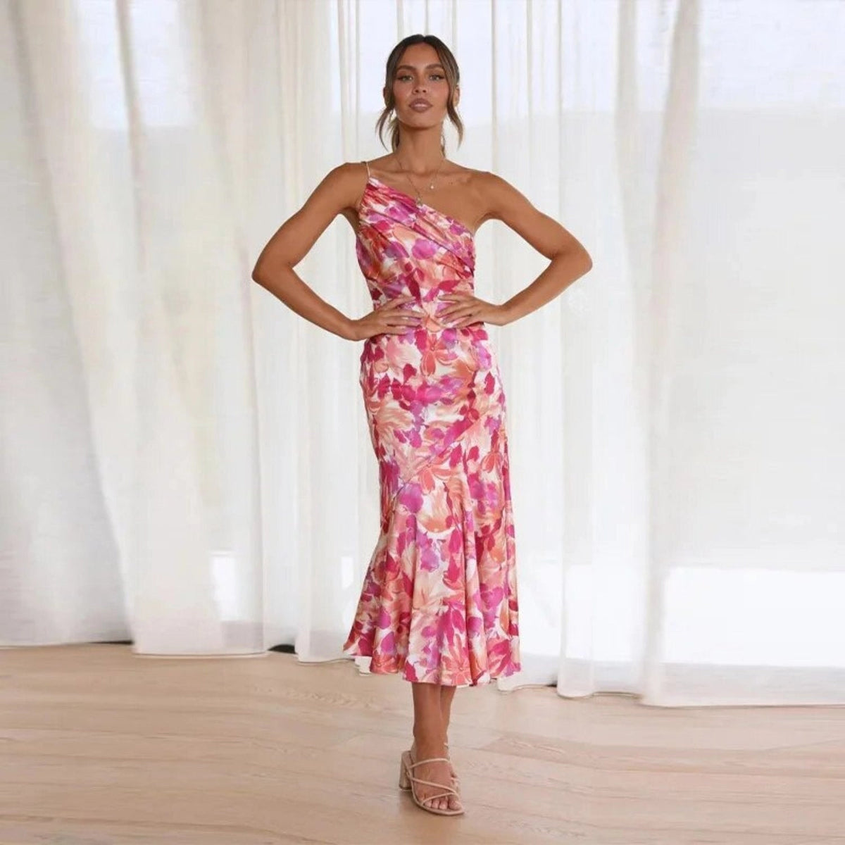 Kathy™ | Women’s Maxi Dress with Asymmetrical Cut and Floral Pattern