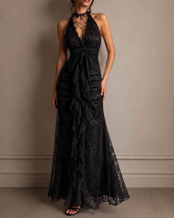 Vivienne | Lace Halter Ruffle Maxi Dress