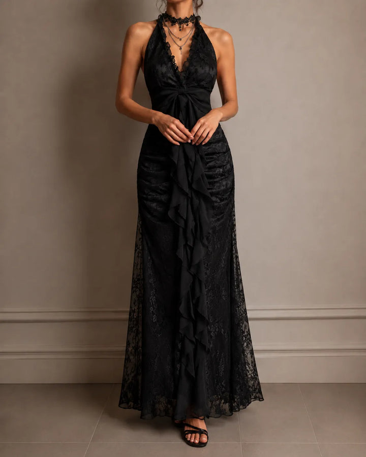 Vivienne | Lace Halter Ruffle Maxi Dress