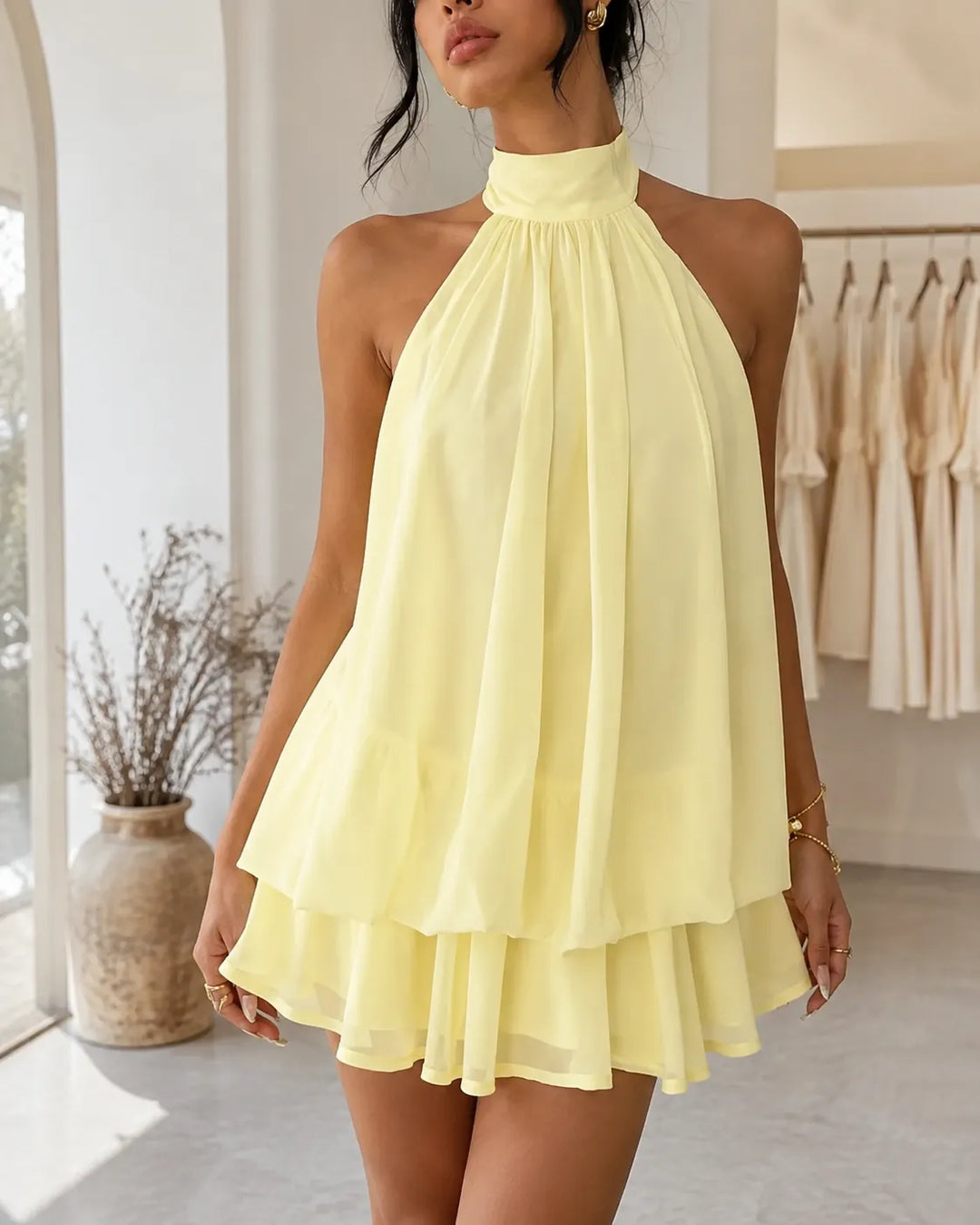Sienna | Tiered Halter Neck Chiffon Mini Dress