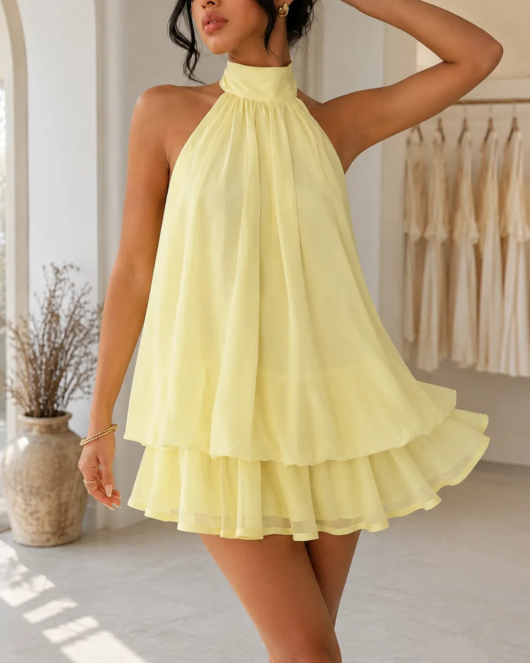 Sienna | Tiered Halter Neck Chiffon Mini Dress