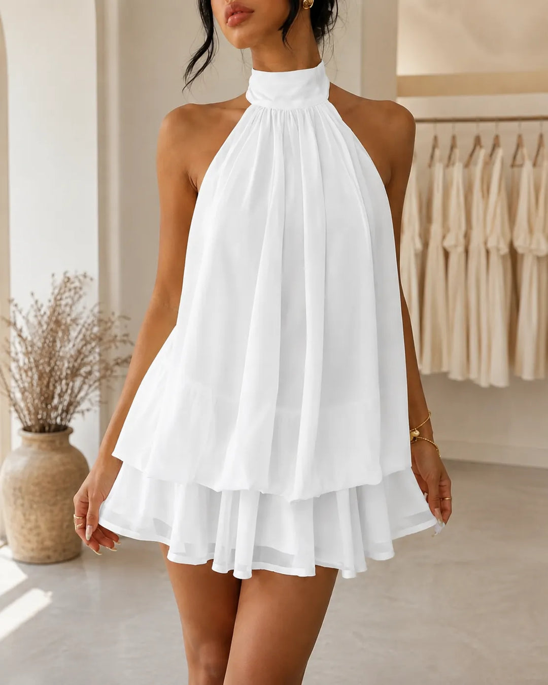 Sienna | Tiered Halter Neck Chiffon Mini Dress