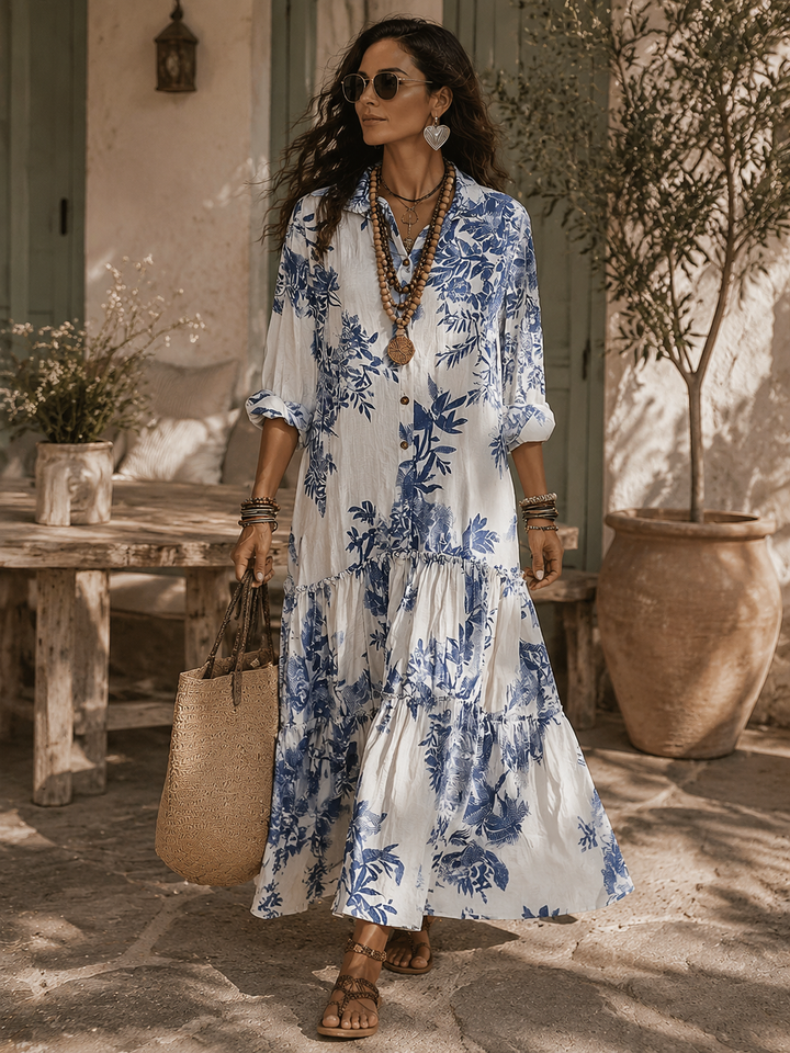 Dahlia™ | Bohemian Blue Floral Button-Down Tiered Maxi Dress