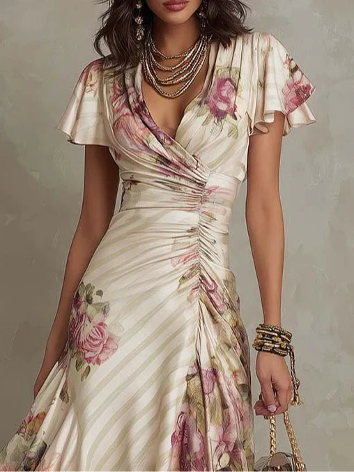 Alba | Elegant Floral Ruched Wrap Midi Dress