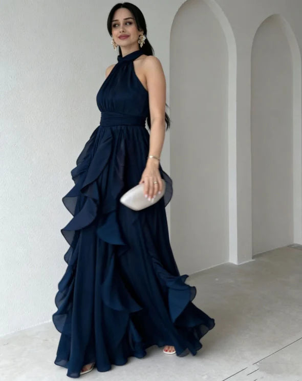 Orea™ High Neck Gathered Ruffle Layers Maxi Dress