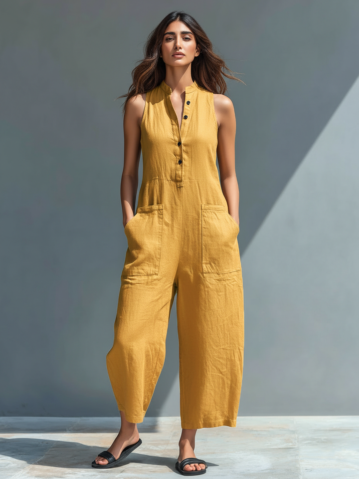 Sleeveless Jumpsuit for Women with High Collar and Buttons