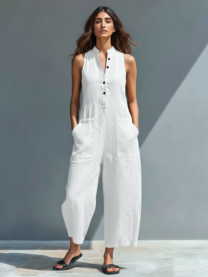 Sleeveless Jumpsuit for Women with High Collar and Buttons