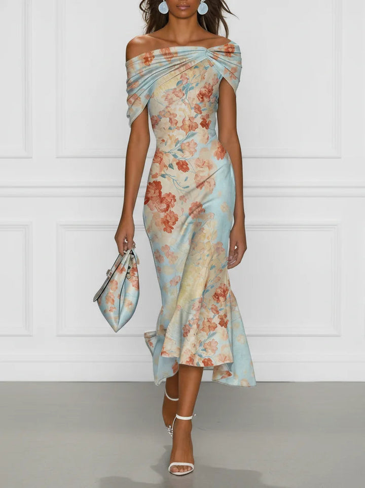 Vittoria - Midi Mermaid Dress Without Sleeves with Off-Shoulder and Blue Floral Pattern