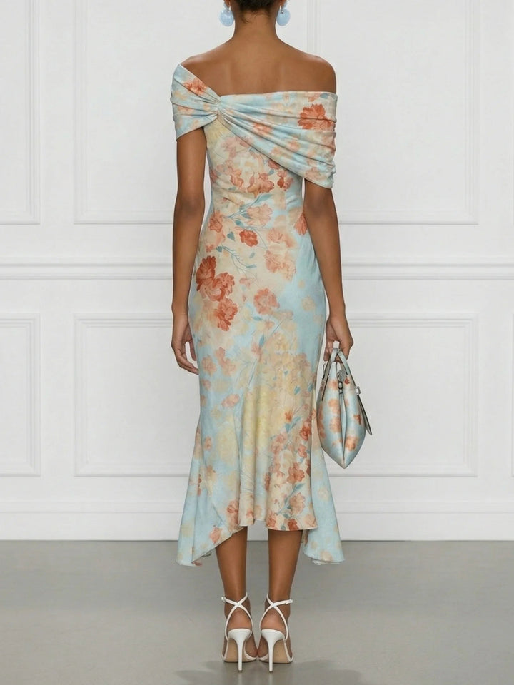 Vittoria - Midi Mermaid Dress Without Sleeves with Off-Shoulder and Blue Floral Pattern