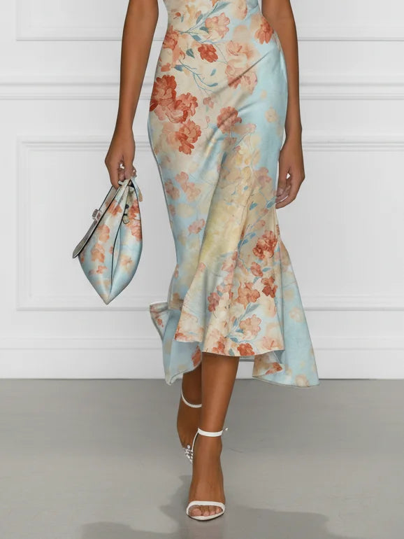 Vittoria - Midi Mermaid Dress Without Sleeves with Off-Shoulder and Blue Floral Pattern