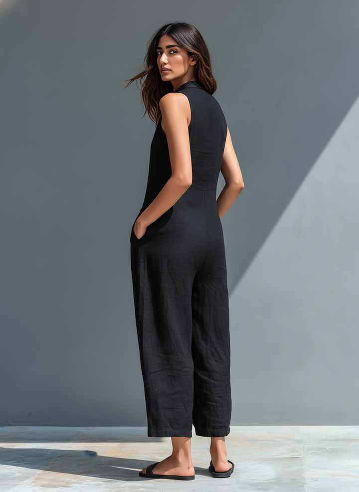 Sleeveless Jumpsuit for Women with High Collar and Buttons