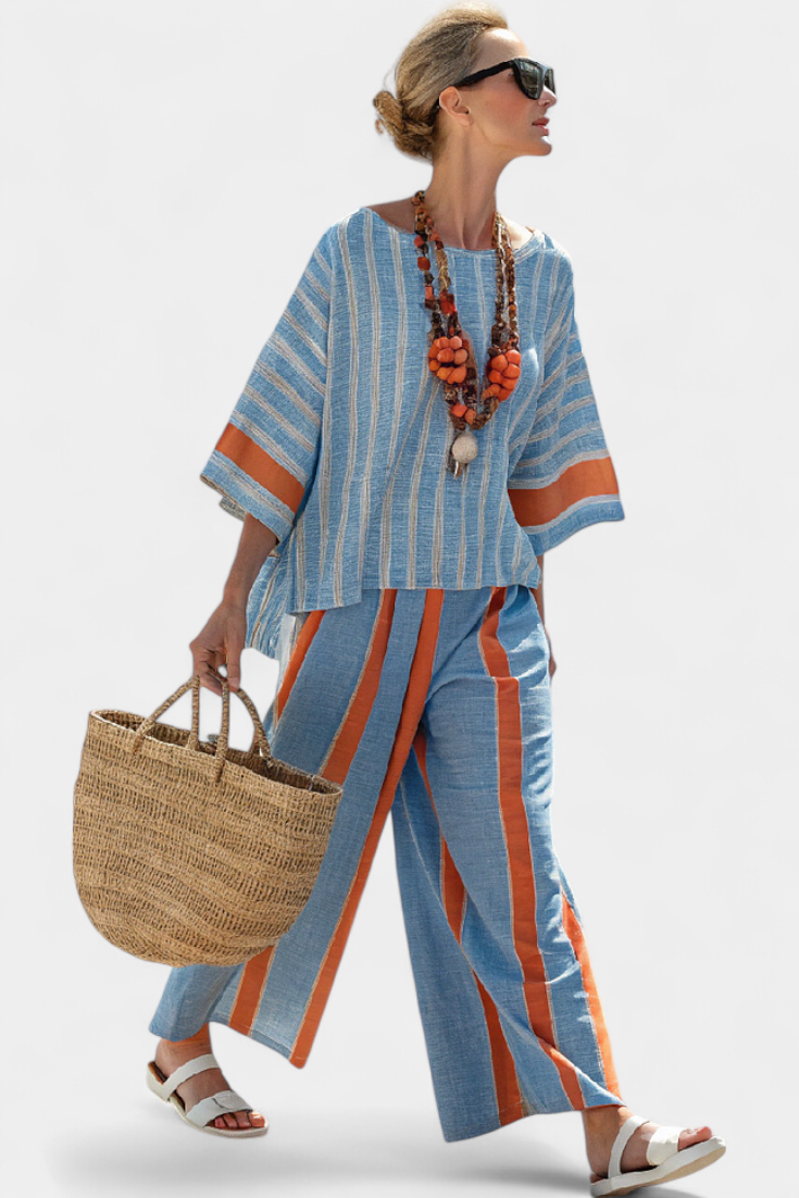 Valeria - Terracotta Striped Linen Trouser Set