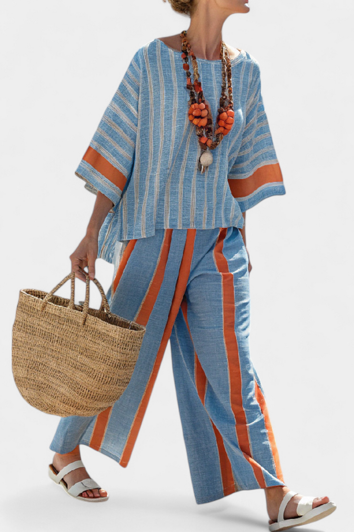 Valeria - Terracotta Striped Linen Trouser Set