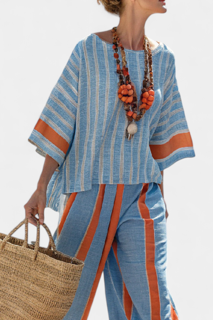 Valeria - Terracotta Striped Linen Trouser Set