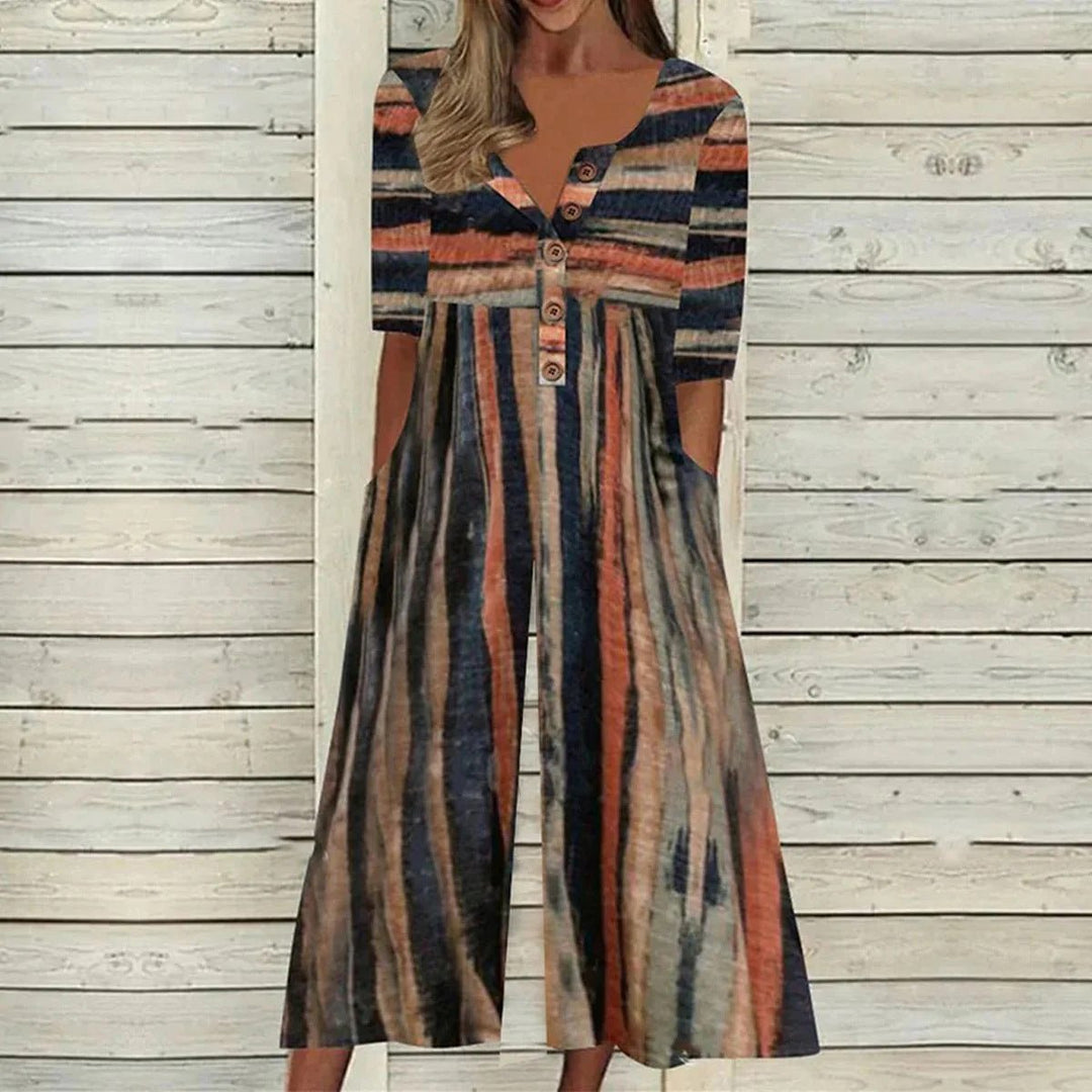 Hazel™ | Leaf Print V-Neck Jumpsuit with Short Sleeves and Wide Legs