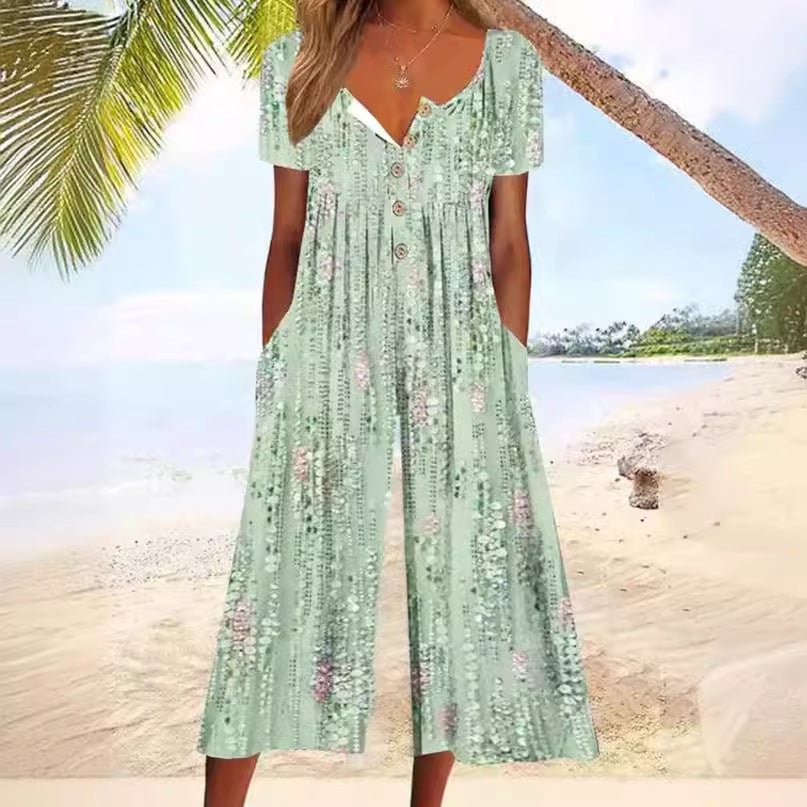 Hazel™ | Leaf Print V-Neck Jumpsuit with Short Sleeves and Wide Legs