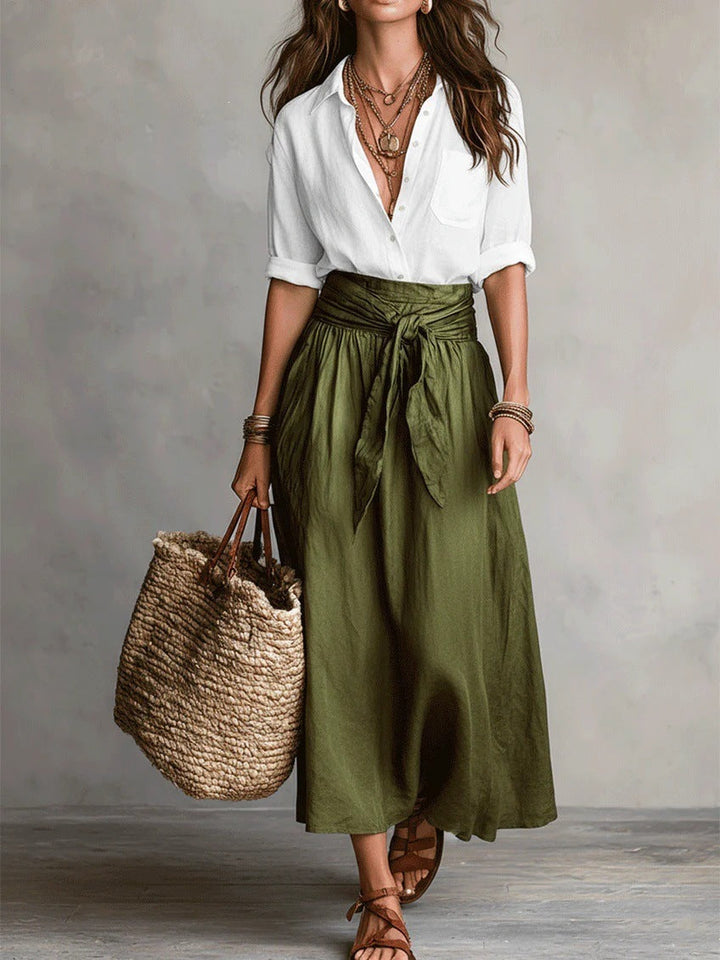 SAGE | Two-Piece Set: Black Top and Olive Green Midi Skirt